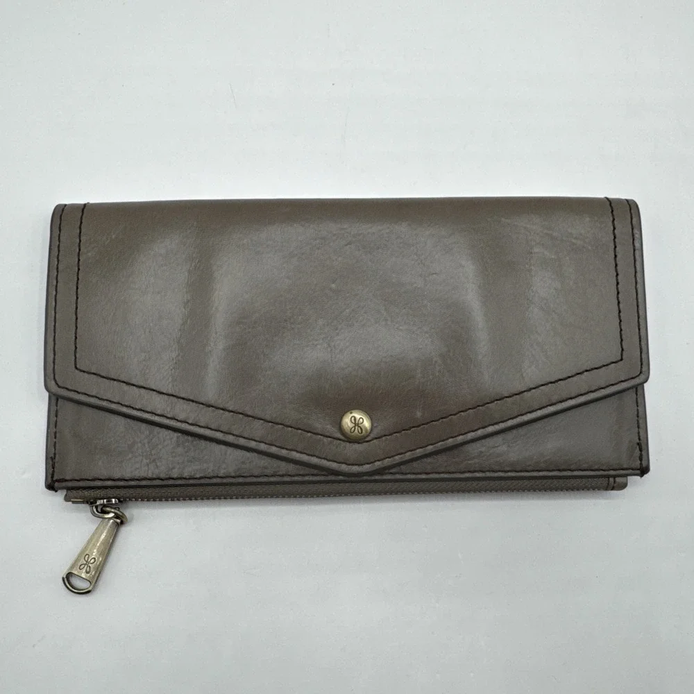 Hobo International Soft Brown Gray Leather Womens Long Wallet Clutch Zip‎